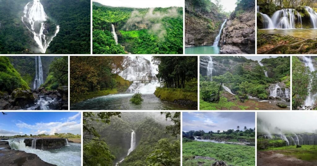 Waterfalls in Nashik – A scenic collage of must-visit waterfalls surrounded by lush greenery during monsoon